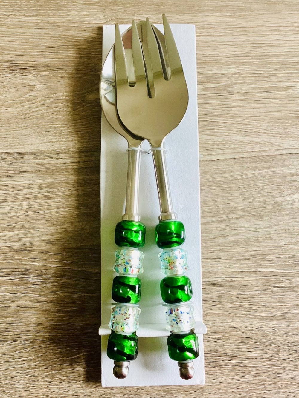 Wild Eye Designs Salad Server Set 2 Piece Fork Spoon Green Glass Beaded Steel